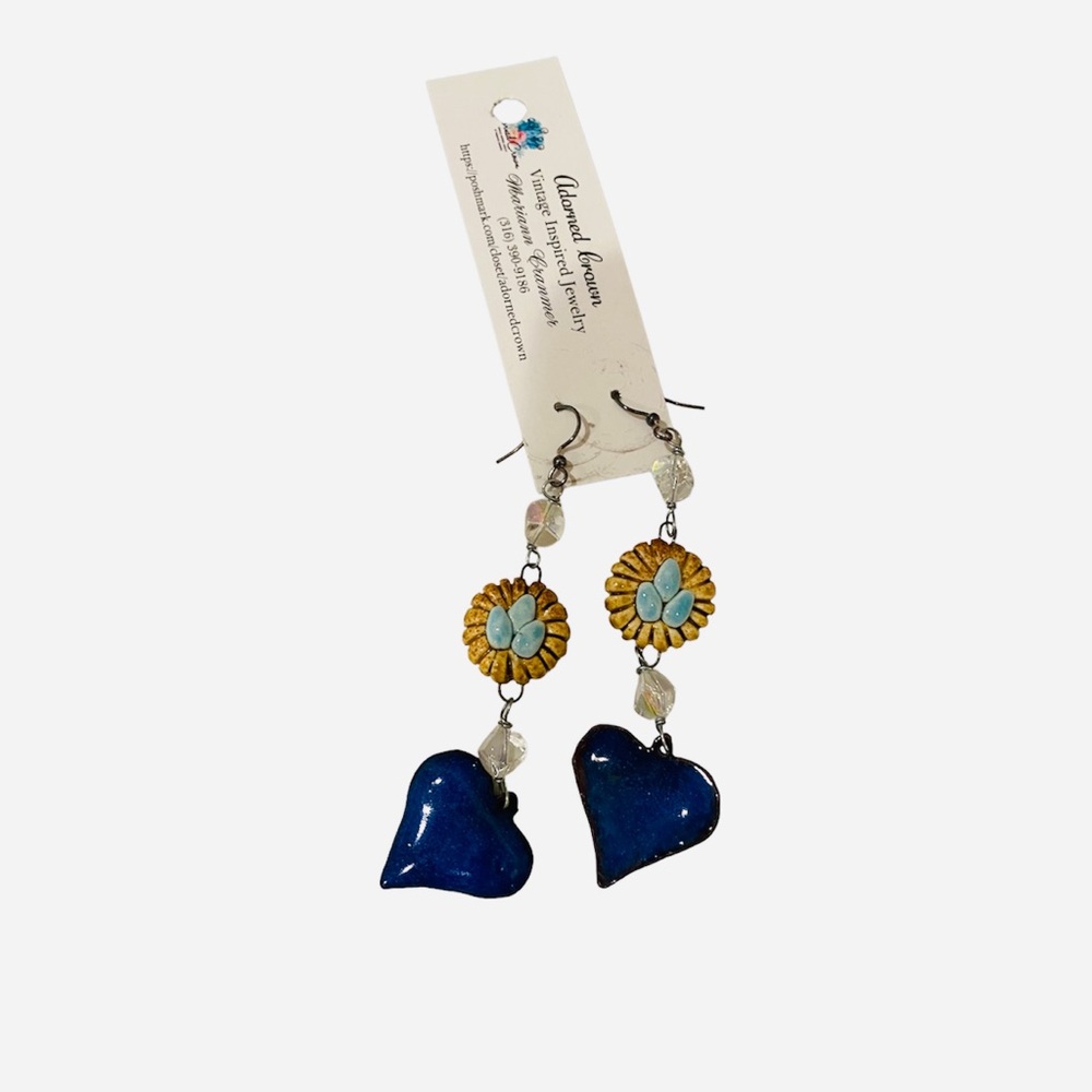 NWT Handmade Dangle Drop Earrings Blue Glass Heart Crystal Boho Country